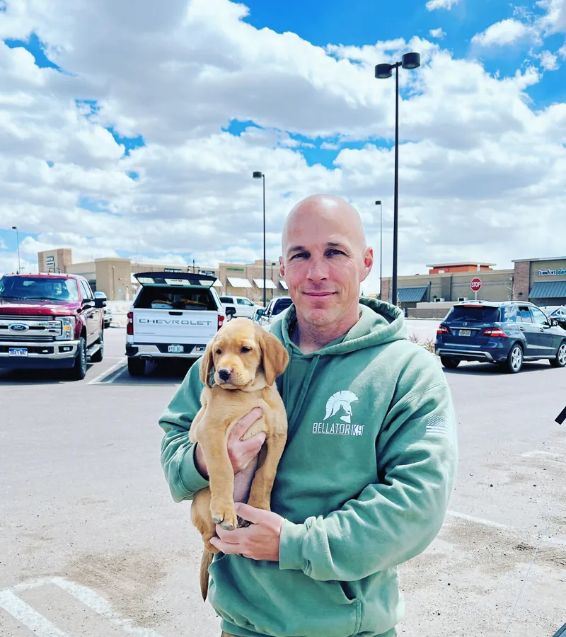 A CJ's Dog Training trainer holding a golden retriever puppy